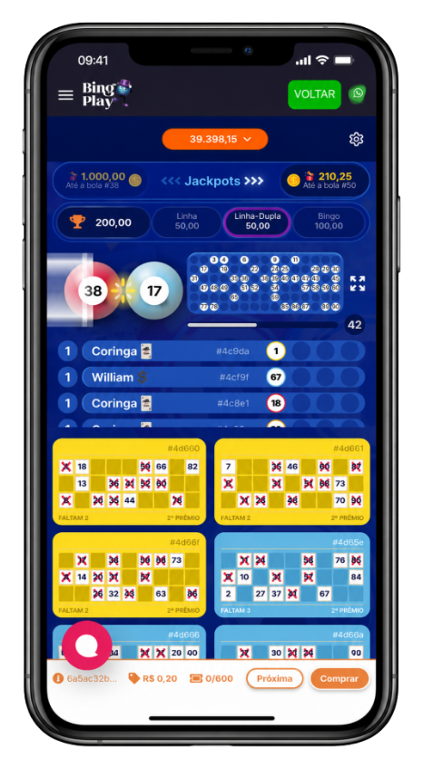 Tela completa do BingoPlay no celular